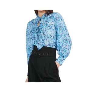 Suncoo Paris Lila Top Blue Floral Long Sleeve Blouse Neck Tie Size Large